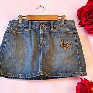 Lucky Brand Y2K Denim Mini Skirt with Butterfly Patch Size 2/26 Distressed Wash